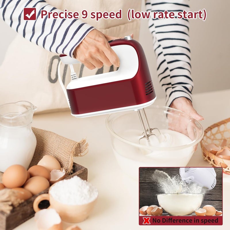 Yomelo 9-Speed Digital Hand Mixer Electric, 400W Powerful DC Motor, Hand Mixer Electric Handheld with Snap-On Storage Case, 5 Stainless Steel Accessories, Beaters, Dough Hooks, Whisk(Red/White) - Image 4
